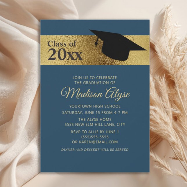 Custom Navy Blue Gold Black Cap Graduation Invitation (Navy blue and gold graduation cap party invitation)