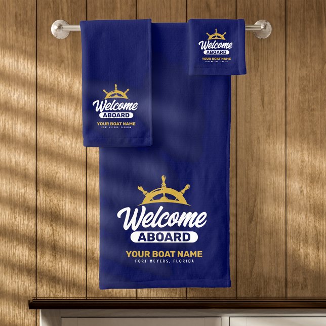  Custom Navy Blue & Gold Boat Name Welcome Aboard Bath Towel Set (Creator Uploaded)