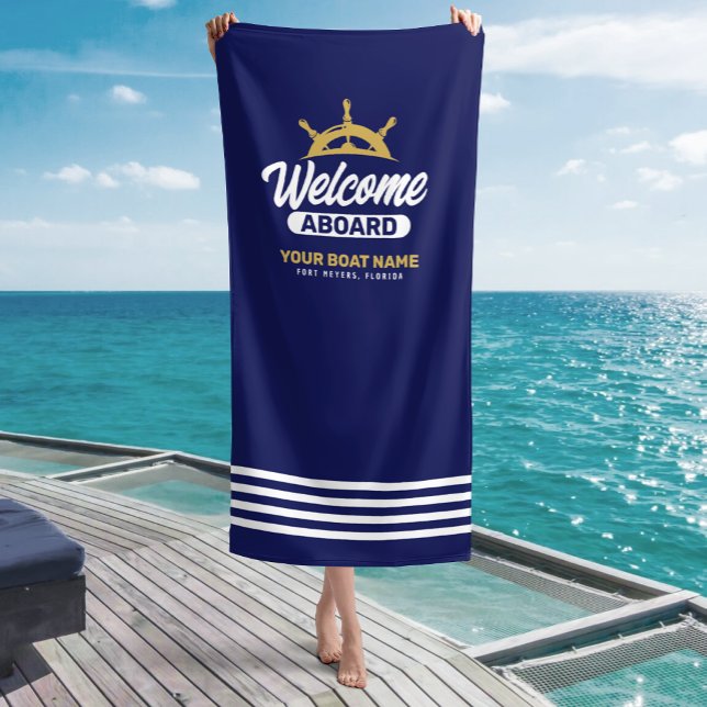  Custom Navy Blue & Gold Boat Name Welcome Aboard Beach Towel (Creator Uploaded)