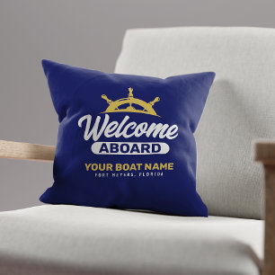  Custom Navy Blue & Gold Boat Name Welcome Aboard Throw Pillow