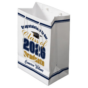 Custom Navy Blue Gold Class of 2026 Graduation Medium Gift Bag