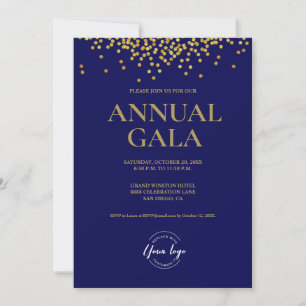 Custom Navy blue Gold confetti logo Gala corporate Invitation