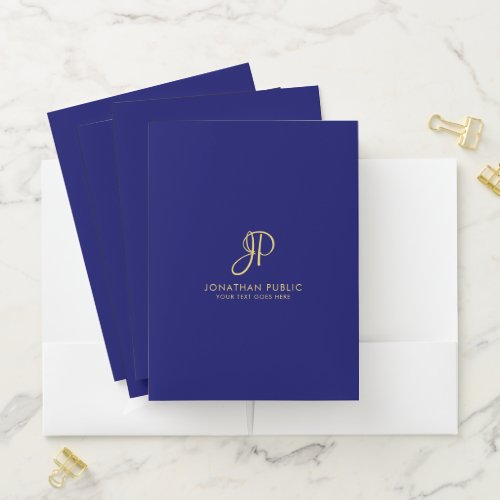 Custom Navy Blue Gold Elegant Monogram Template Pocket Folder