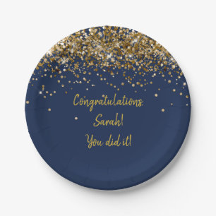 Custom Navy Blue Gold Graduation Party Glitter Her Paper Plates