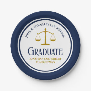 Custom Navy Blue Gold Law School Graduation Party Paper Plates
