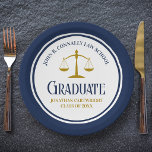 Custom Navy Blue Gold Law School Graduation Party Paper Plates<br><div class="desc">This modern navy blue and gold law school graduation party paper plate features custom typography for a class of 2026 graduate. Customize with your graduating year under the scales of justice for great personalized lawyer or attorney decor.</div>