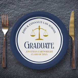 Custom Navy Blue Gold Law School Graduation Party Paper Plates