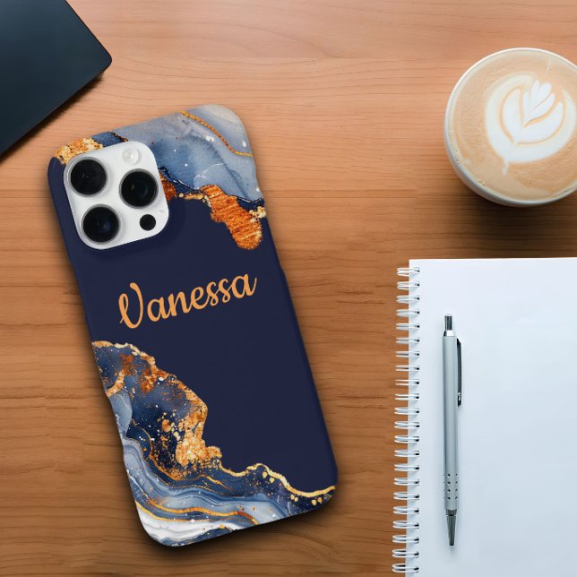 Custom Navy Blue & Gold Marble Print With Personal iPhone Case (Creator Uploaded)