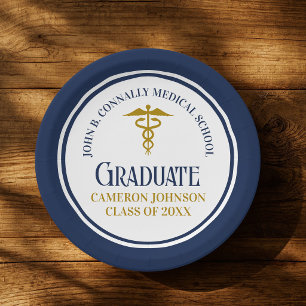 Custom Navy Blue Gold Medical School Graduation Paper Plates