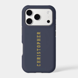 Custom Navy Blue Gold Retro Name Minimalist Men iPhone 17 Pro Case