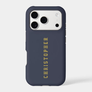 Custom Navy Blue Gold Retro Name Minimalist Men iPhone 17 Pro Case