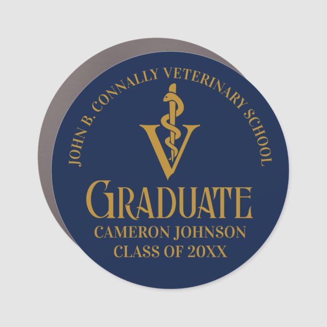 Custom Navy Blue Gold Veterinary School Graduation Car Magnet (Front)