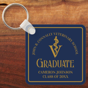 Custom Navy Blue Gold Veterinary School Graduation Keychain