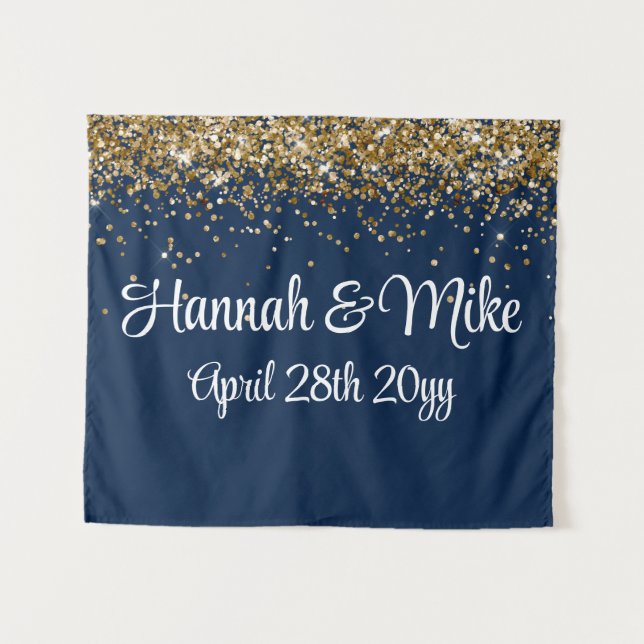 Custom Navy Blue Gold Wedding Backdrop Photo Booth (Front (Horizontal))
