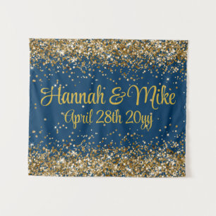 Custom Navy Blue & Gold Wedding Photo Booth Prop Tapestry