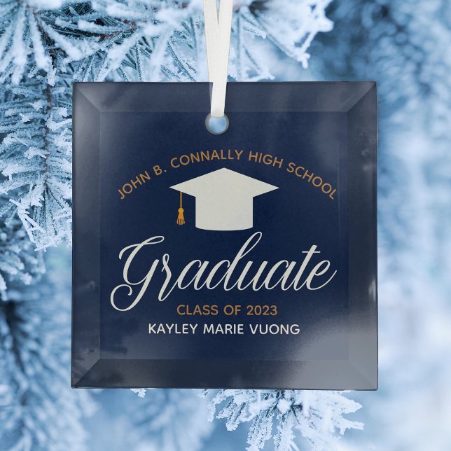 Custom Navy Blue Graduation High School Keepsake Glass Ornament (Creator Uploaded)