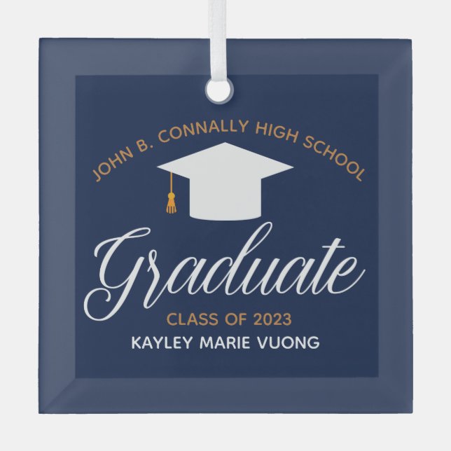 Custom Navy Blue Graduation High School Keepsake Glass Ornament (Front)