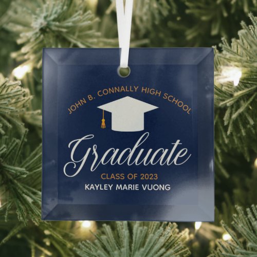 Custom Navy Blue Graduation High School Keepsake Glass Ornament