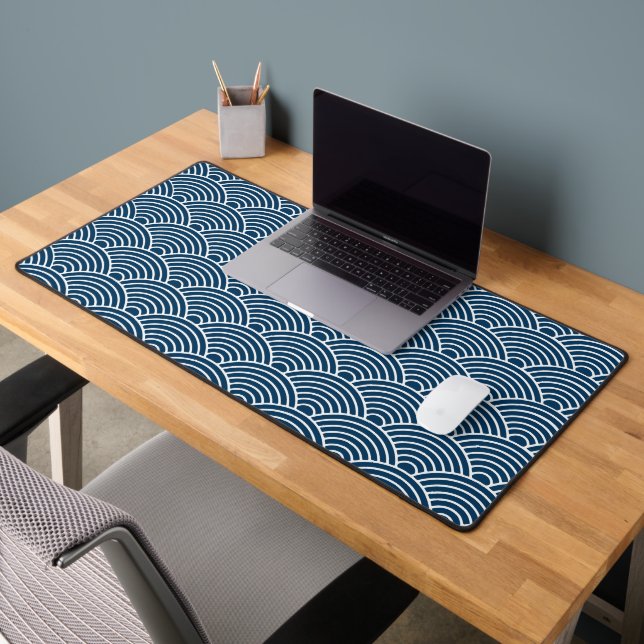 Custom Navy Blue Japanese Seigaiha Wave Desk Mat (Office 2)