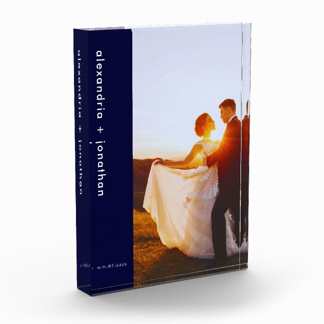 Custom Navy Blue Minimalist Wedding Photo Block (Left)