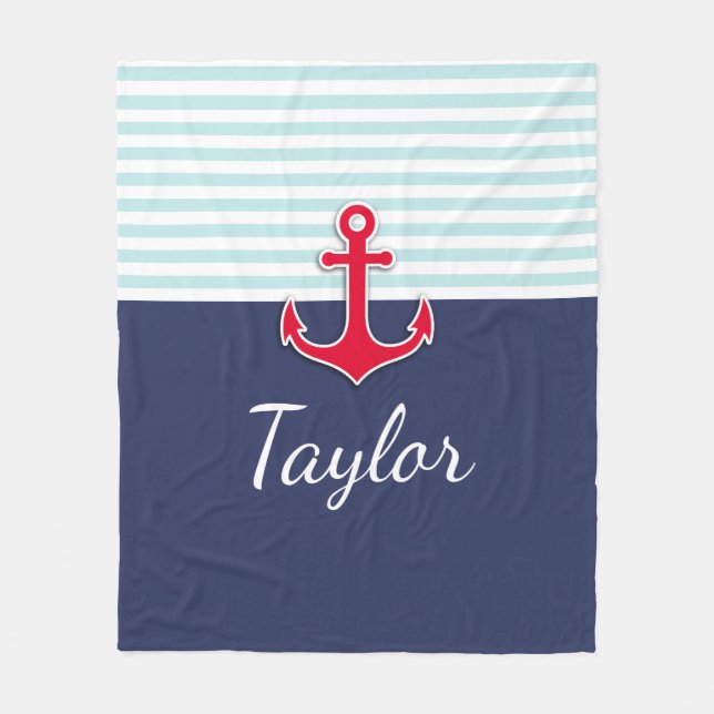 Custom Navy Blue Mint Striped Nautical Design Fleece Blanket (Front)