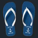 Custom navy blue nautical anchor boat captain flip flops<br><div class="desc">Custom navy blue and white nautical anchor boat captain flip flops. Personalized beach slippers with ship anchor logo. Maritime sandals for sailor and sailing enthusiasts. Customizable color. Cool Birthday party gift or party favor idea for friends, dad, husband, uncle, grandpa, wedding groom and bride, guests etc. Unique maritime and boating...</div>