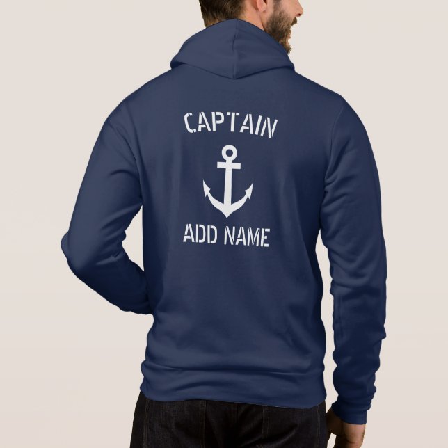 Custom navy blue nautical anchor boat captain hoodie (Back)