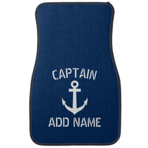 Custom navy blue nautical anchor boat captain name car floor mat