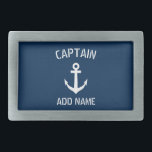 Custom navy blue nautical anchor boat captain rectangular belt buckle<br><div class="desc">Custom navy blue and white nautical anchor boat captain belt buckle. Personalized accessory with ship anchor logo. Maritime accessories for sailor and sailing enthusiasts. Customizable color. Cool Christmas, Fathers Day, Wedding or Birthday party gift for friends, dad, father, husband, brother, uncle, grandpa, groom, wedding guests etc. Make your own unique...</div>