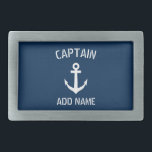 Custom navy blue nautical anchor boat captain rectangular belt buckle<br><div class="desc">Custom navy blue and white nautical anchor boat captain belt buckle. Personalized accessory with ship anchor logo. Maritime accessories for sailor and sailing enthusiasts. Customizable color. Cool Christmas, Fathers Day, Wedding or Birthday party gift for friends, dad, father, husband, brother, uncle, grandpa, groom, wedding guests etc. Make your own unique...</div>