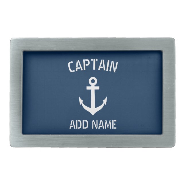 Custom navy blue nautical anchor boat captain rectangular belt buckle (Front)