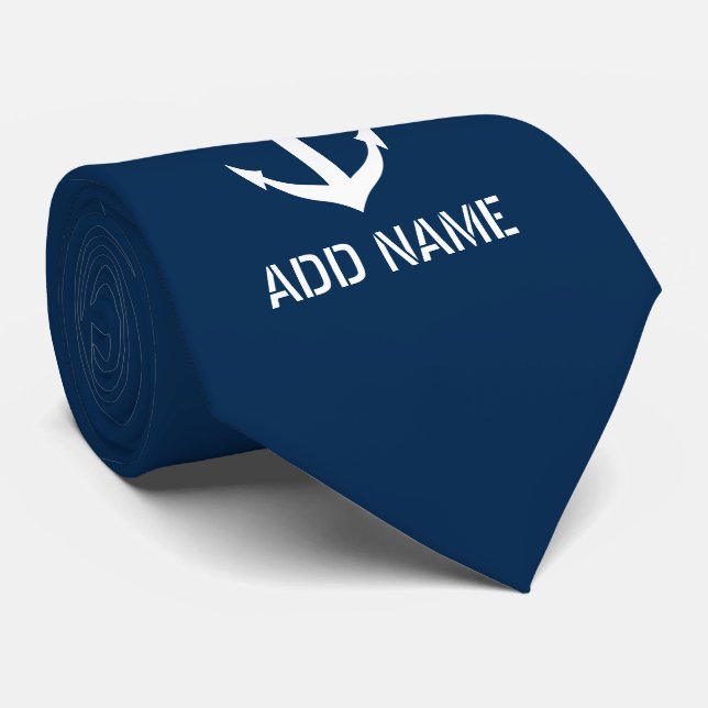 Custom navy blue nautical anchor boat captain tie (Rolled)
