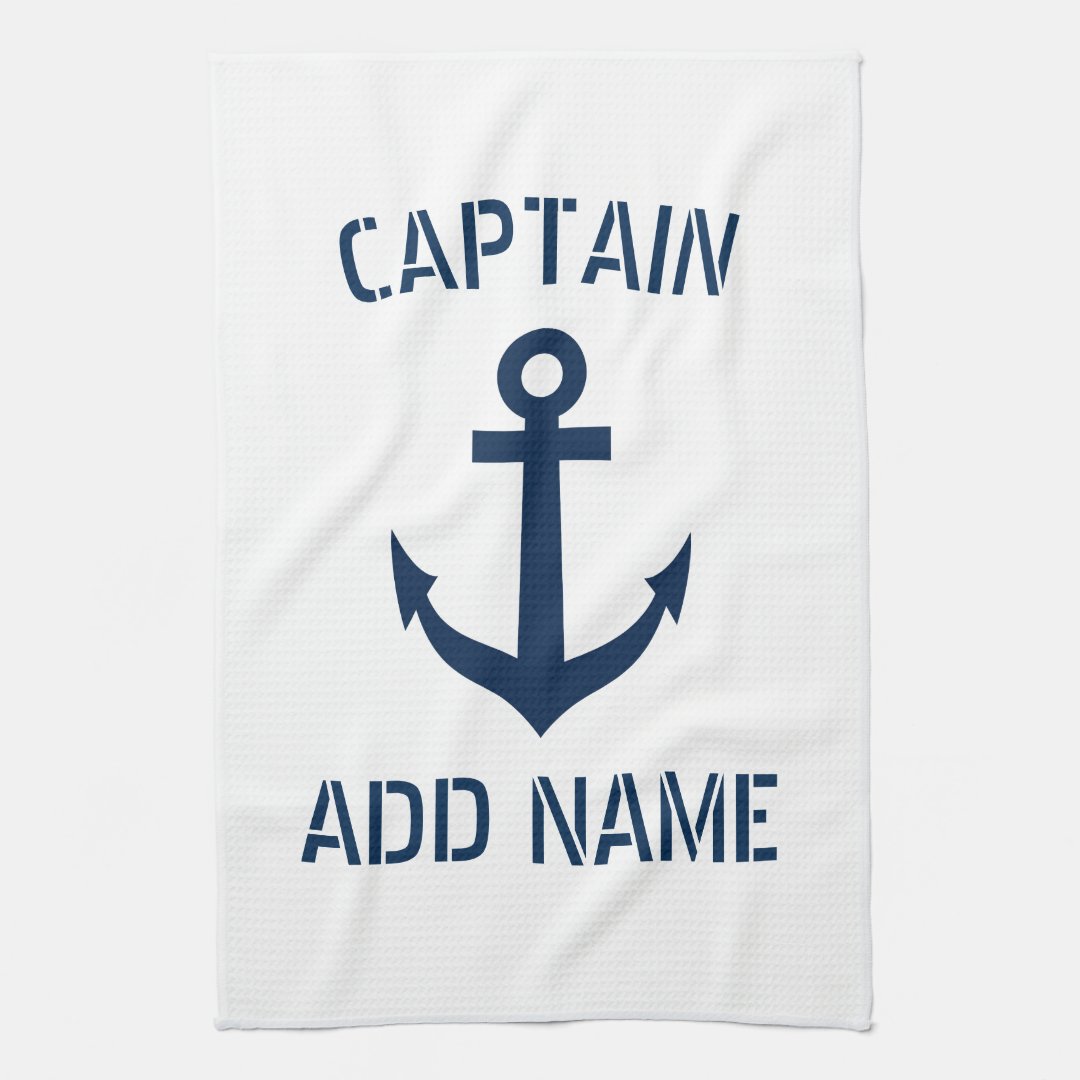 Custom navy blue nautical anchor boat captain towel | Zazzle