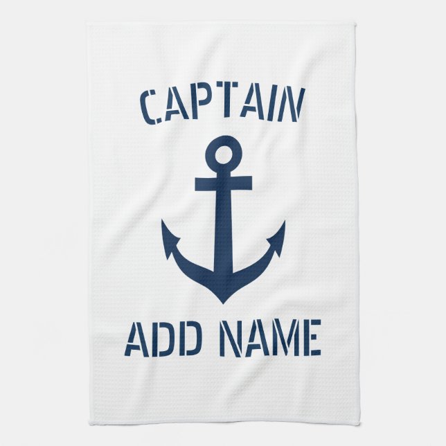 Custom navy blue nautical anchor boat captain towel (Vertical)
