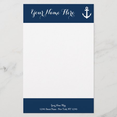 Custom Navy Blue Nautical Anchor Stationery Paper