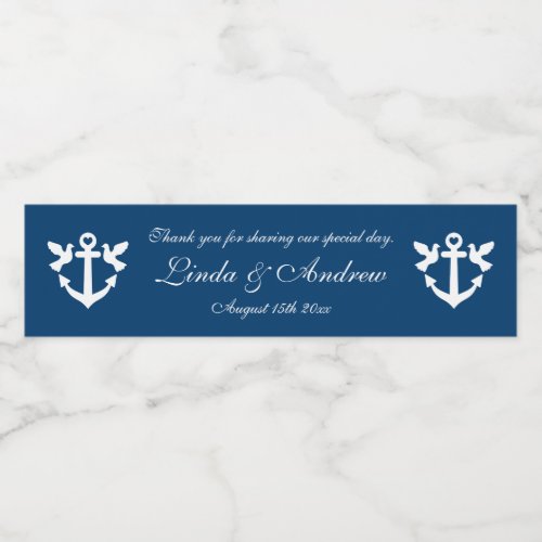 Custom navy blue nautical anchor wedding favor water bottle label