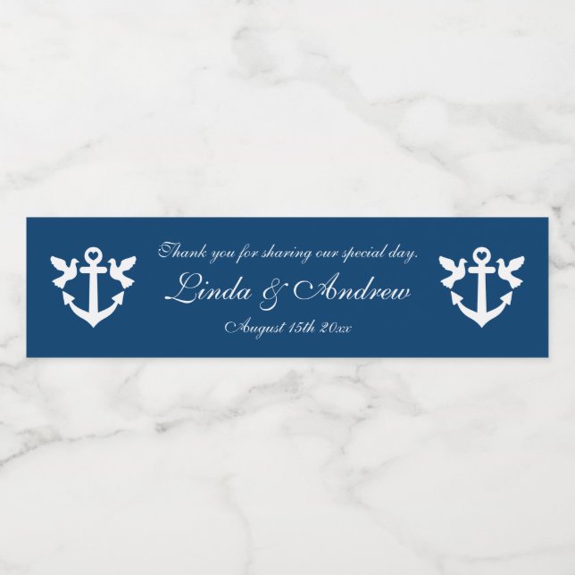 Custom navy blue nautical anchor wedding favor water bottle label (Single Label)