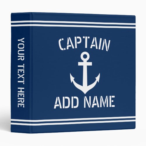 Custom navy blue nautical ship anchor boat captain 3 ring binder