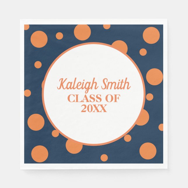Custom Navy Blue Orange Polka Dot Graduation Party Napkins (Front)
