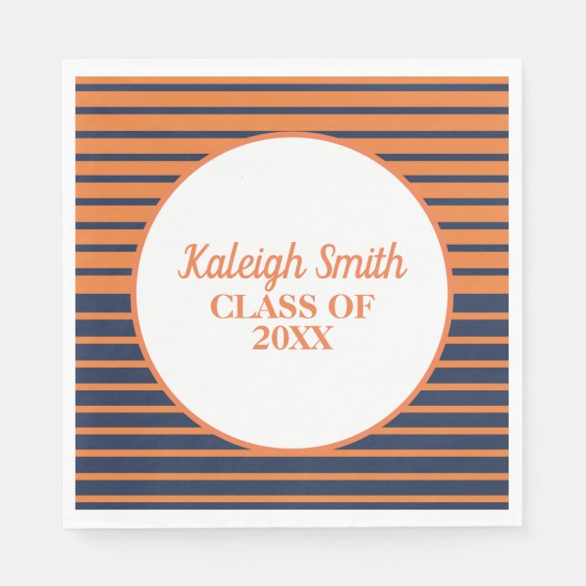 Custom Navy Blue Orange Striped Graduation Party Napkins (Front)