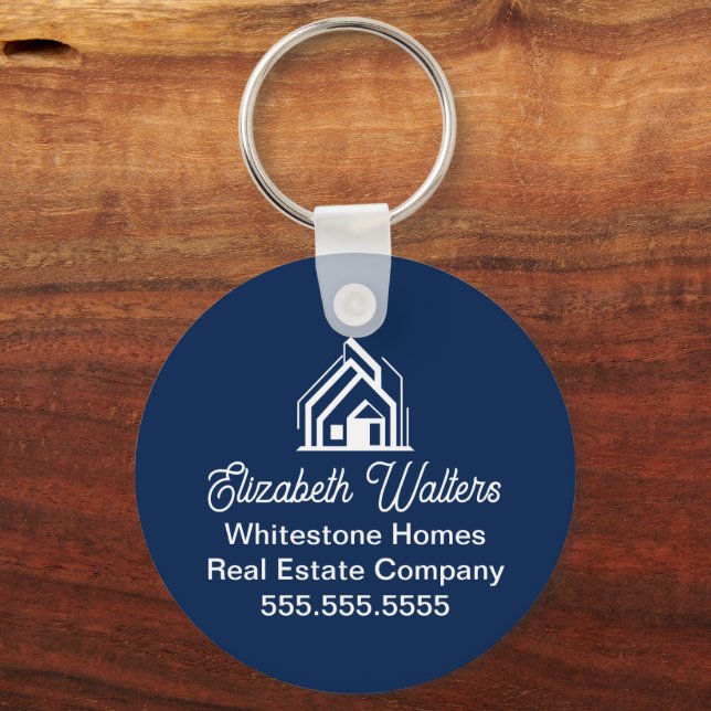 Custom Navy Blue Real Estate Company House Realtor Keychain (Front)