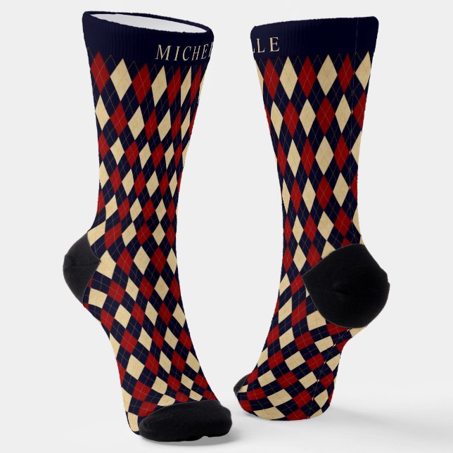 Custom Navy Blue Red Yellow Argyle Pattern Socks (Angled)