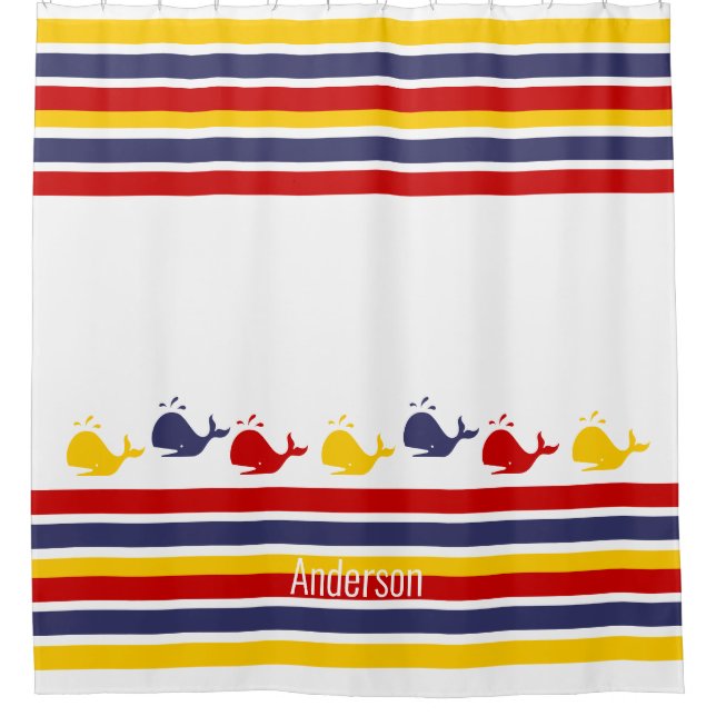  Custom Navy Blue Red Yellow WHALE Stripe nautical Shower Curtain (Front)