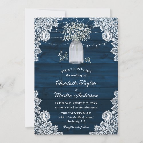 Custom Navy Blue Rustic Wood Babys Breath Wedding Invitation