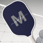Custom Navy Blue Script Name Monogram Pickleball Paddle<br><div class="desc">Create Your Own Personalized Custom Navy Blue Modern Script Name Monogram Pickleball Paddle. This chic, elegant pickleball paddle features a stylish monogram on the front, with a flat gray initial on a deep navy blue background and a classic white script name for a personalized touch. The design appears on both...</div>