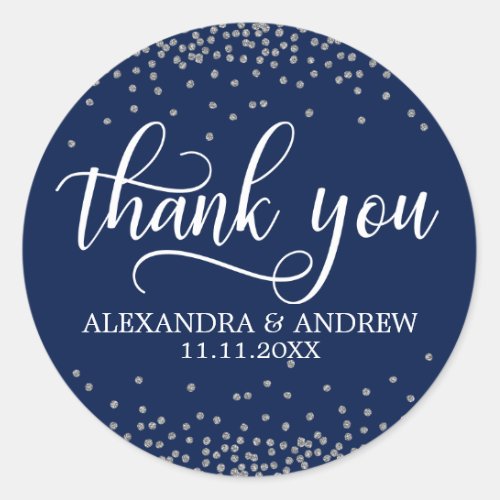 Custom Navy Blue Silver Confetti Wedding Thank You Classic Round Sticker