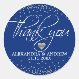 Custom Navy Blue Silver Confetti Wedding Thank You Classic Round Sticker