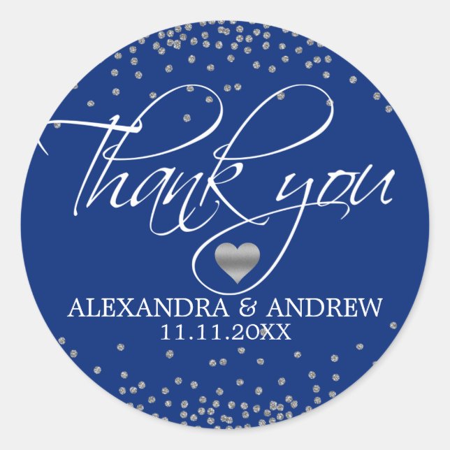 Custom Navy Blue Silver Confetti Wedding Thank You Classic Round Sticker (Front)