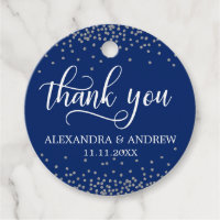 Custom Navy Blue Silver Confetti Wedding Thank You Favor Tags
