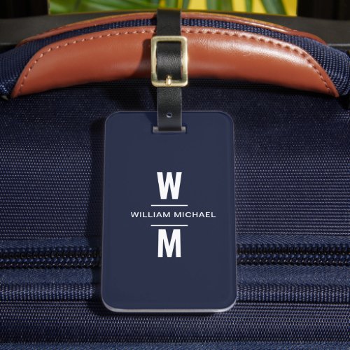 Custom Navy Blue Simple Modern Minimal Monogram Luggage Tag